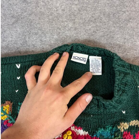 VINTAGE 90s Honors Christmas Sweater Womens Large Green Teddy Bear Holiday Knit - Picture 5 of 5